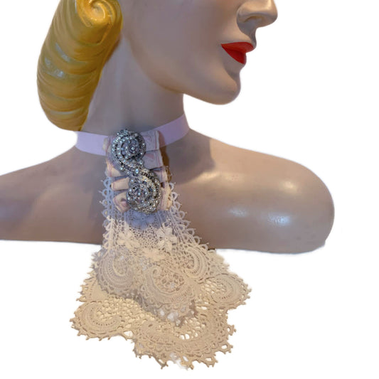Blushed Reimagined Antique Lace Ascot, Rhinestones and Pink Ribbon Choker Necklace