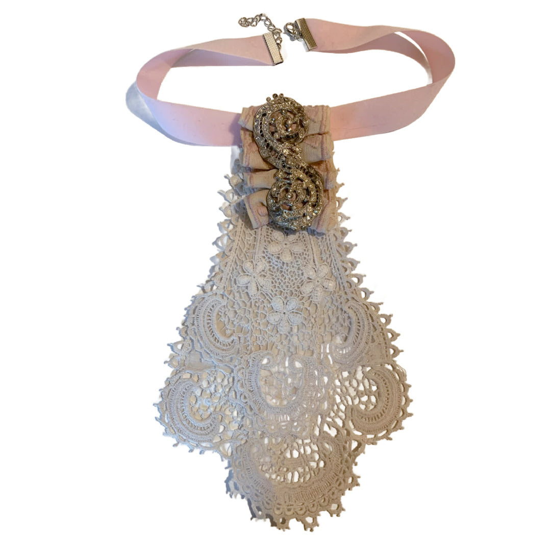 Blushed Reimagined Antique Lace Ascot, Rhinestones and Pink Ribbon Choker Necklace