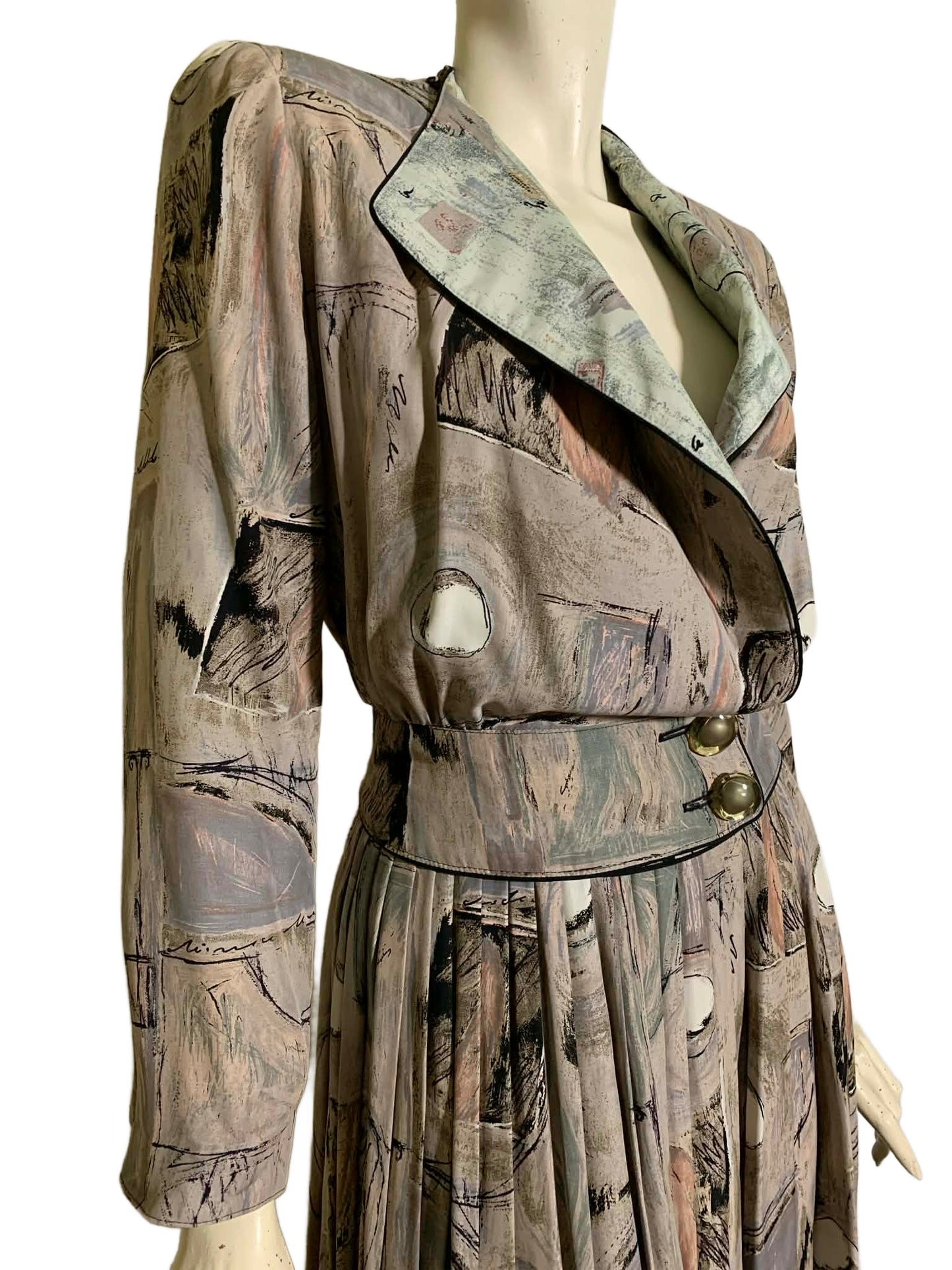 40s Inspired Abstract Art Print Rayon 2 Pc Dress Set circa 1980s