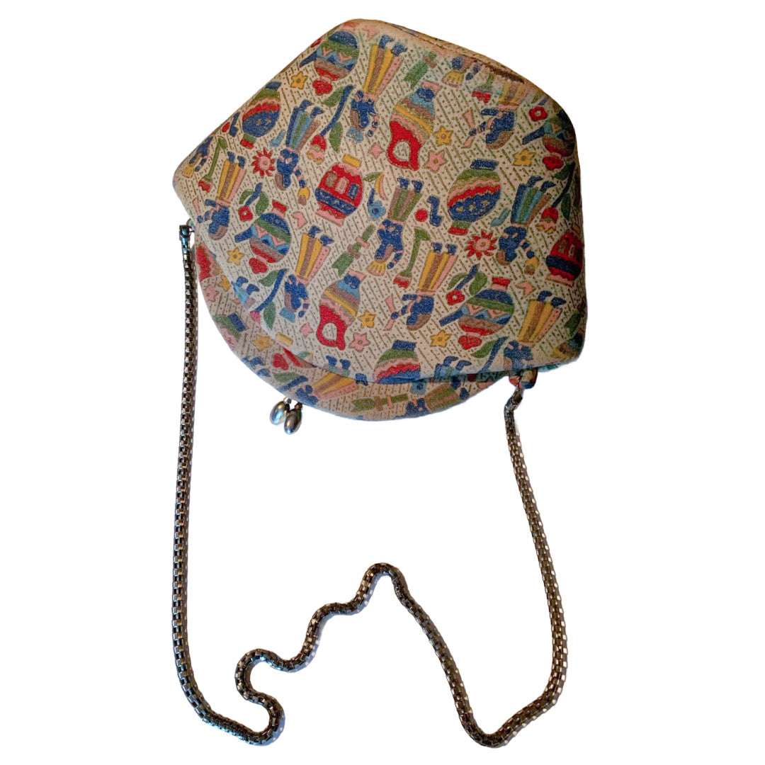 Egyptian Revival Print Fabric Covered Handbag Kiss Lock Chain Strap circa 1940s