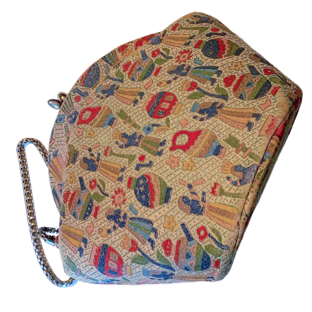 Egyptian Revival Print Fabric Covered Handbag Kiss Lock Chain Strap circa 1940s