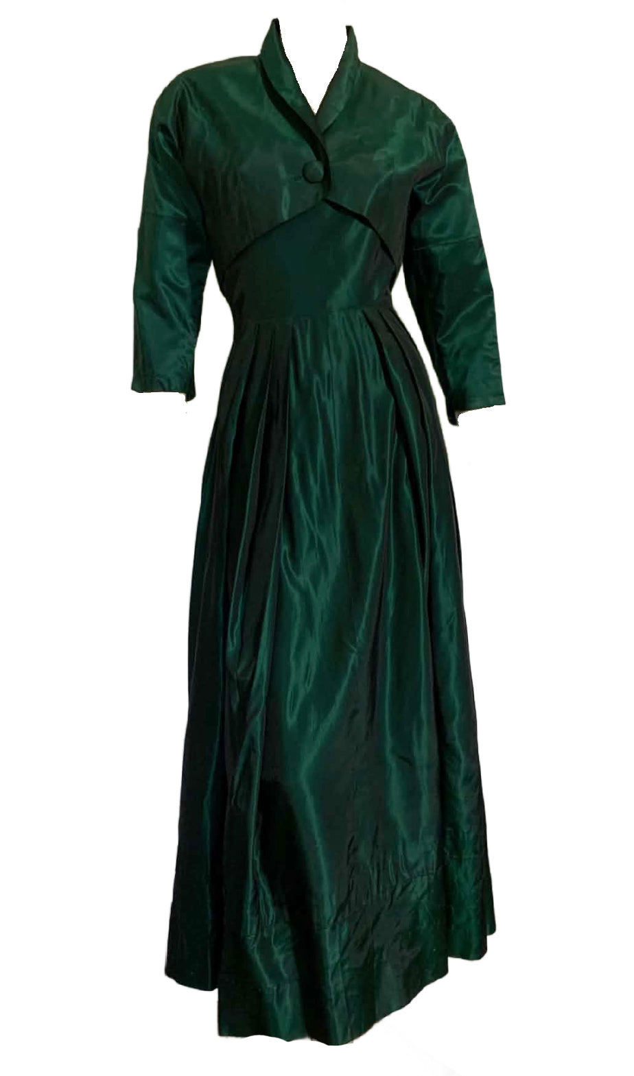 Shimmering Emerald Green Taffeta Party Dress with Bolero Jacket circa 1940s