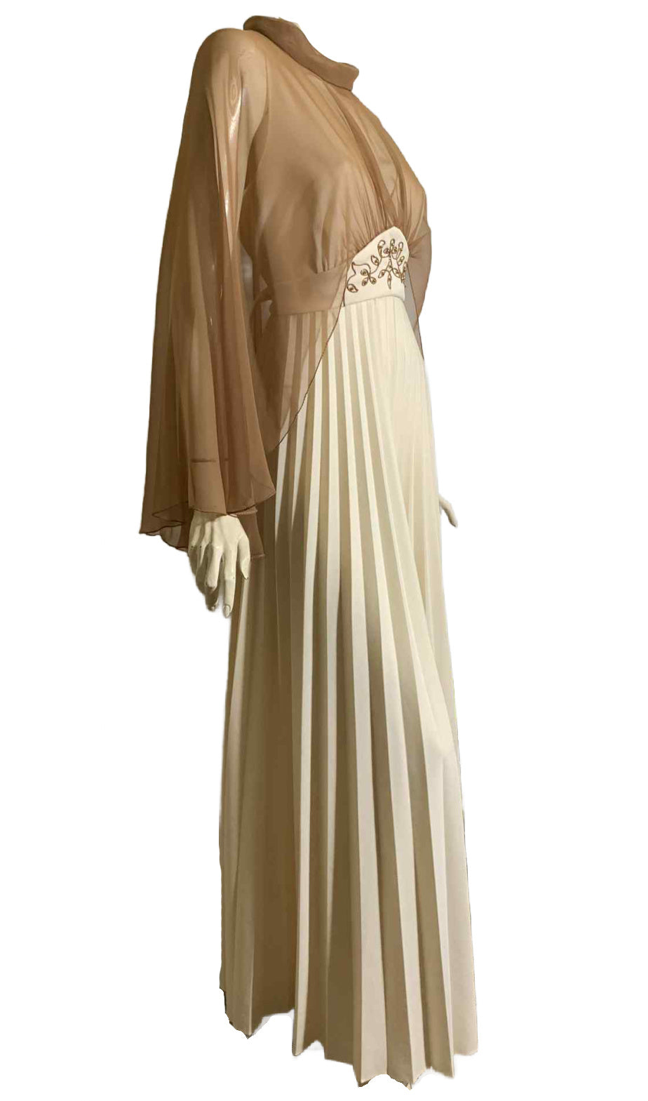 Mocha Mousse Chiffon Caped Ivory Pleated Dress circa 1970s