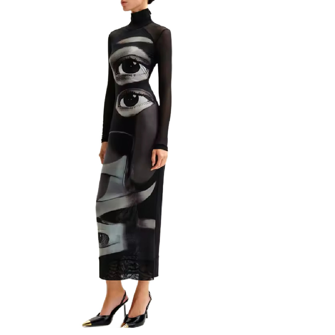 Irina- the Black and White Op Art Eye Print Semi Sheer Dress