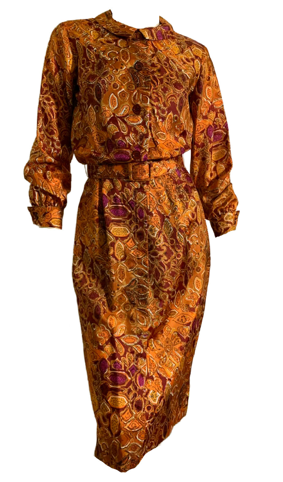 Fire Orange Paisley and Fig Print Dress circa 1960s