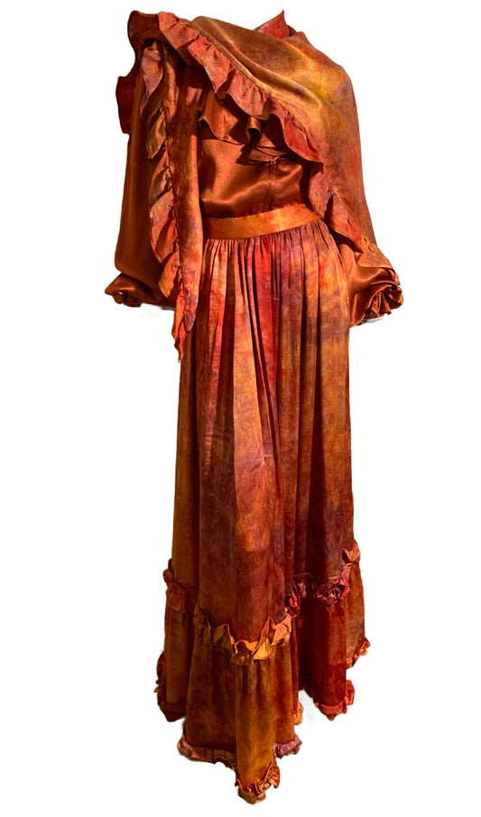 Fiery Tie Dye Peasant Style Silk Charmeuse 3 Piece Maxi Dress Set circa 1970s