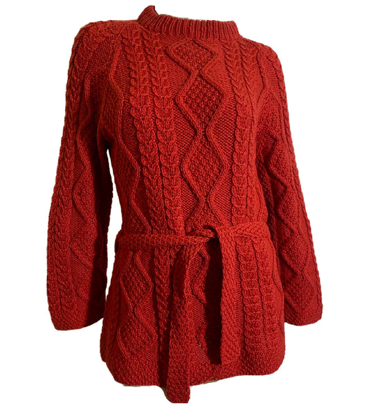 Rich Coral Cable Knit Irish Fisherman's Sweater circa 1970s