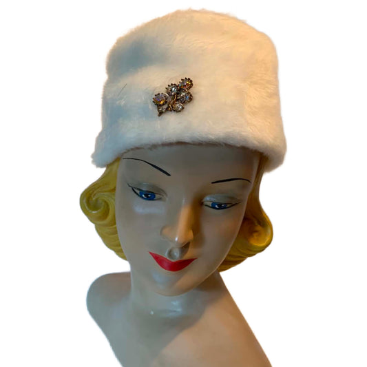 Winter Whit Faux Fur Fez Style Hat with Rhinestones circa 1960s