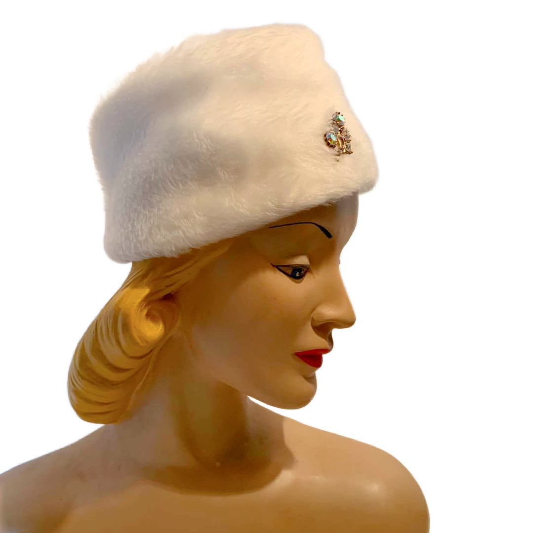 Winter Whit Faux Fur Fez Style Hat with Rhinestones circa 1960s