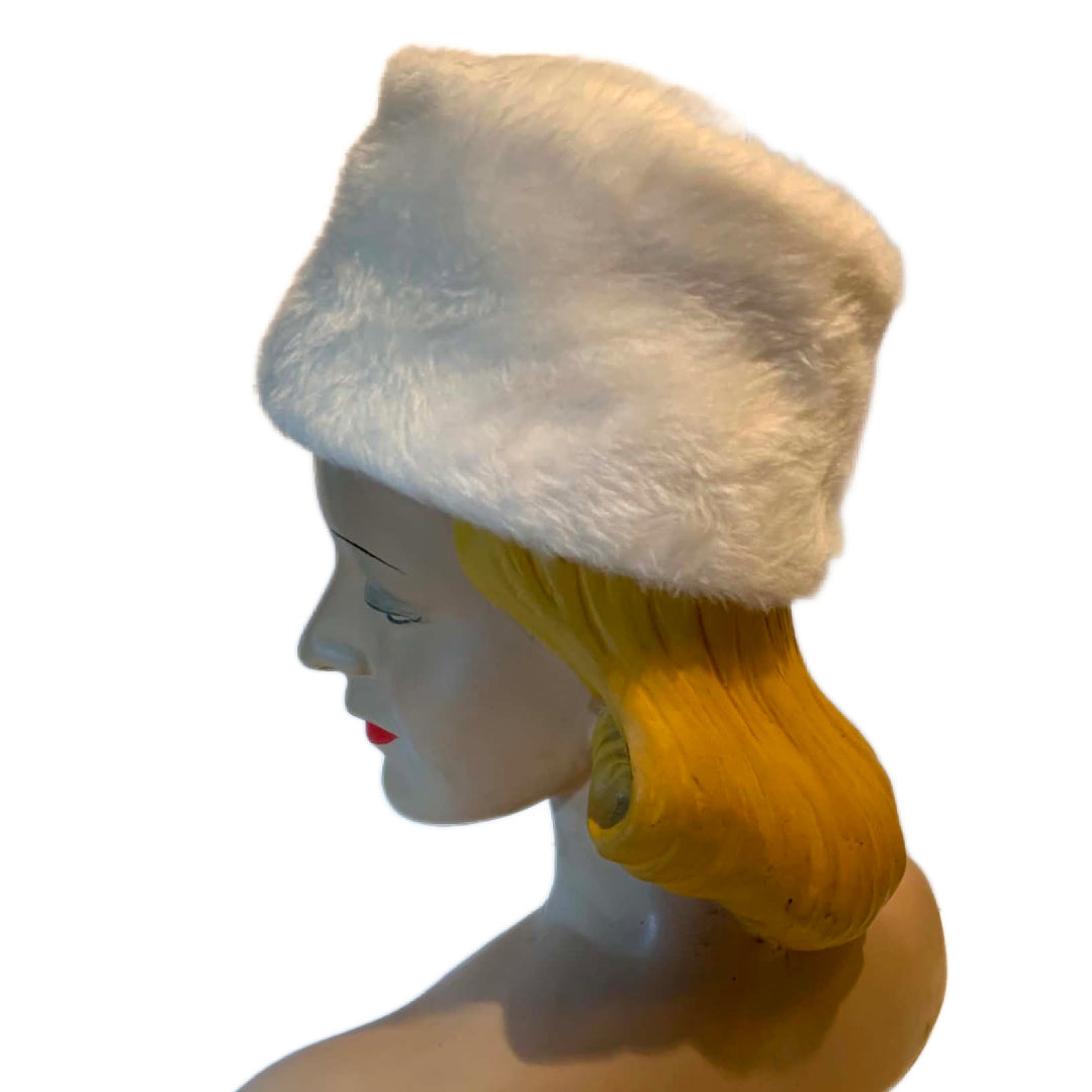 Winter Whit Faux Fur Fez Style Hat with Rhinestones circa 1960s