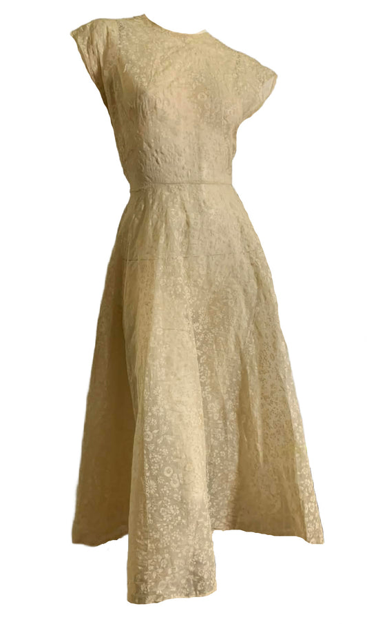 Sheer Flower Printed Ivory Dress circa 1940s