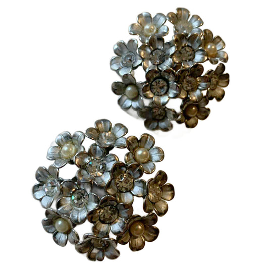 Big Faux Pearl and Rhinestone Flower Clip Earrings circa 1950s