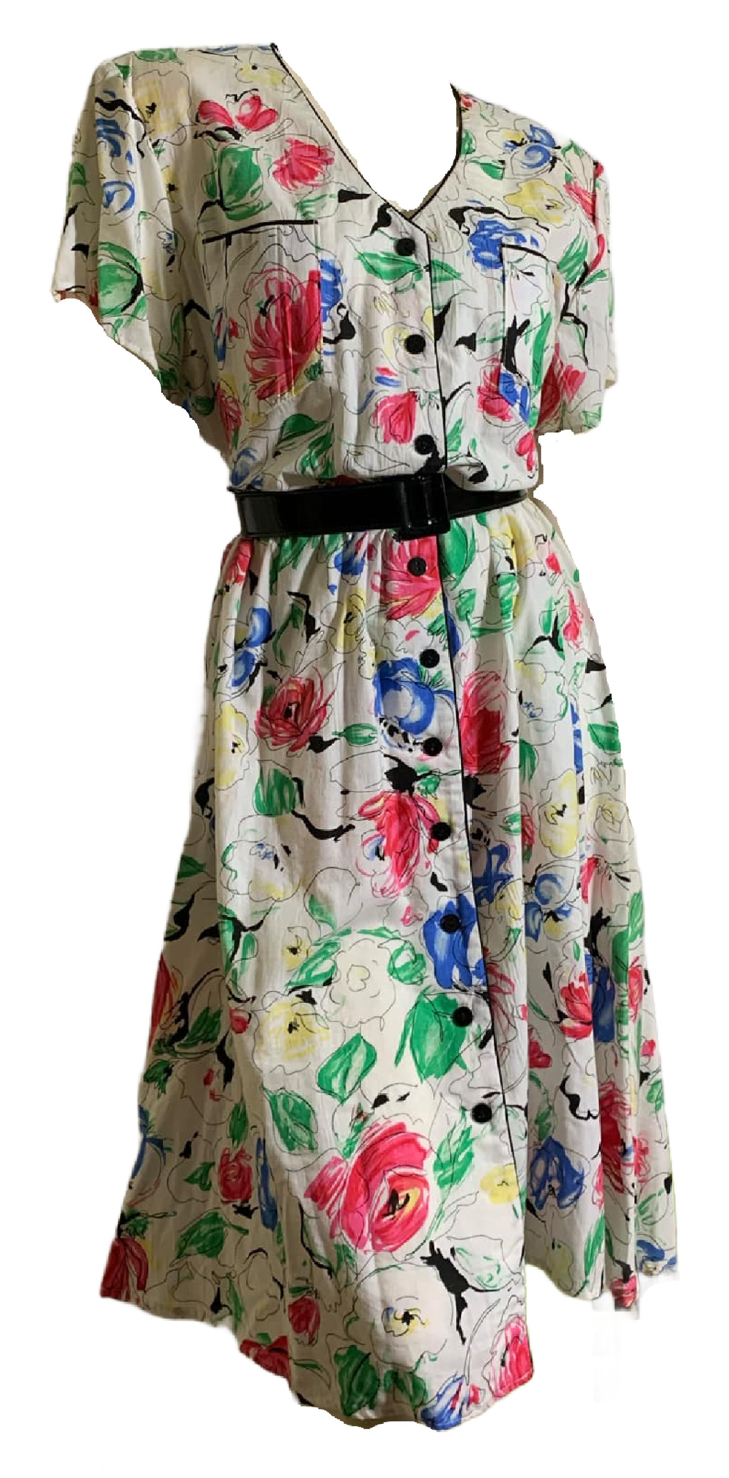 Sketchwork Bright Flower Print Cotton Dress circa 1980s