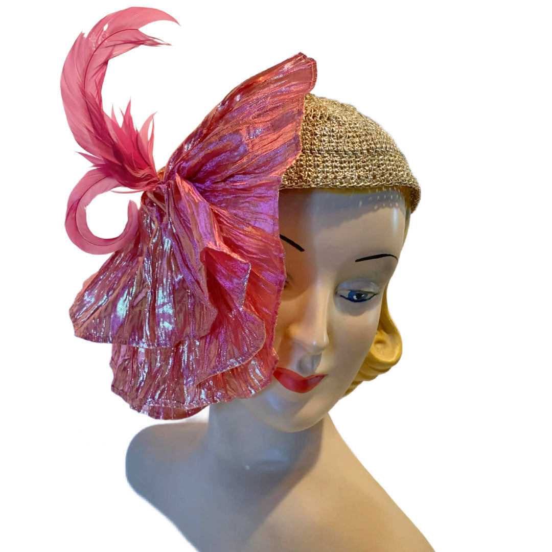 Limelight Reimagined 1930s Gold Metallic Hat with Iridescent Pink Fan Pleats and Feathers