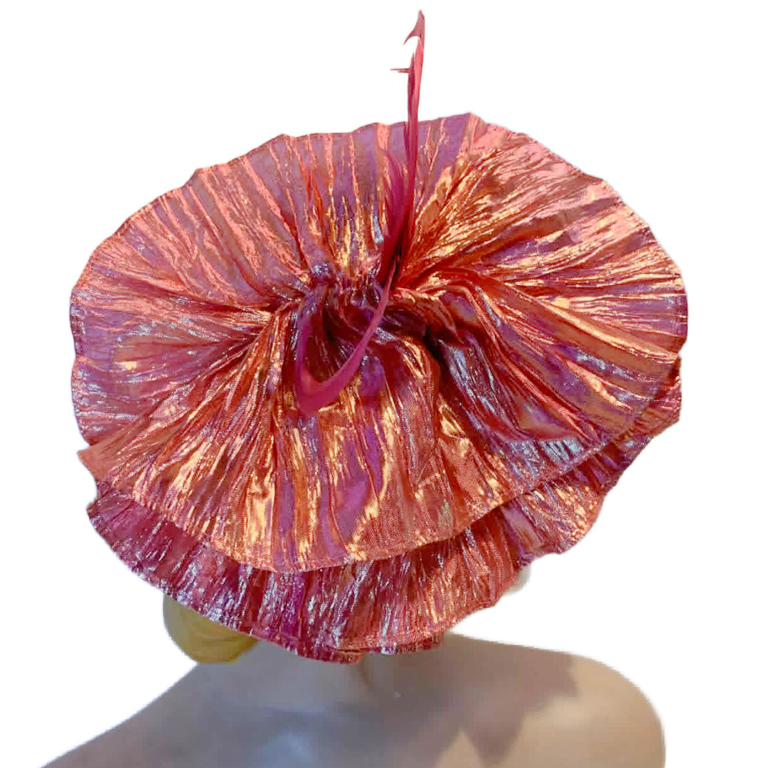 Limelight Reimagined 1930s Gold Metallic Hat with Iridescent Pink Fan Pleats and Feathers