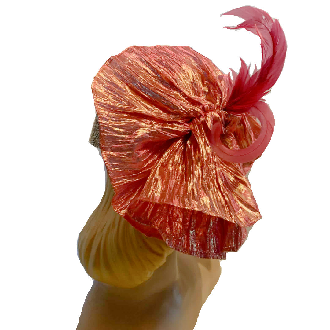 Limelight Reimagined 1930s Gold Metallic Hat with Iridescent Pink Fan Pleats and Feathers