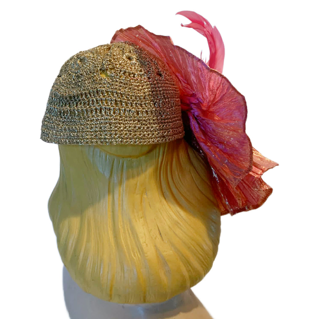 Limelight Reimagined 1930s Gold Metallic Hat with Iridescent Pink Fan Pleats and Feathers