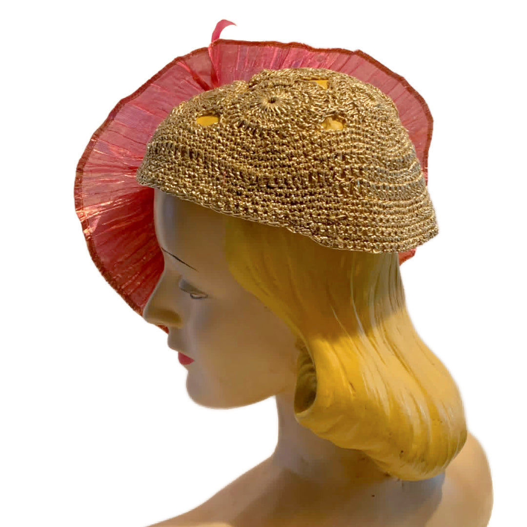 Limelight Reimagined 1930s Gold Metallic Hat with Iridescent Pink Fan Pleats and Feathers