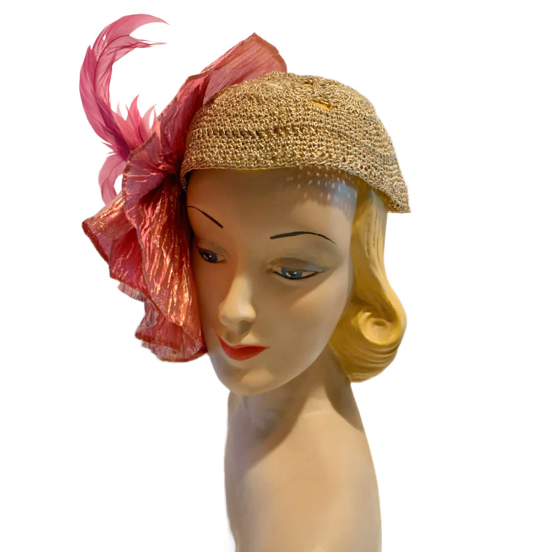 Limelight Reimagined 1930s Gold Metallic Hat with Iridescent Pink Fan Pleats and Feathers