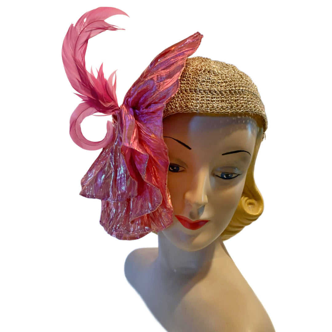 Limelight Reimagined 1930s Gold Metallic Hat with Iridescent Pink Fan Pleats and Feathers