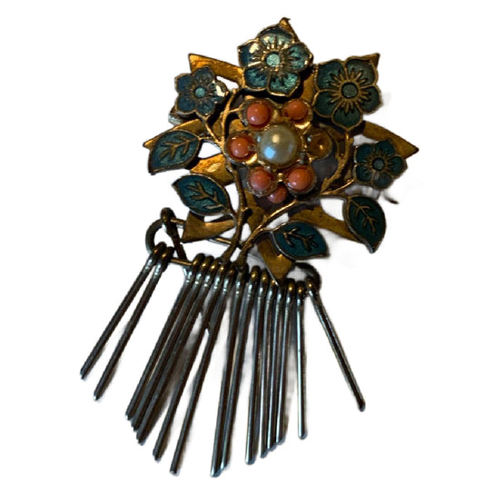 Enameled Flower Metal Fringed Brooch circa 1940s