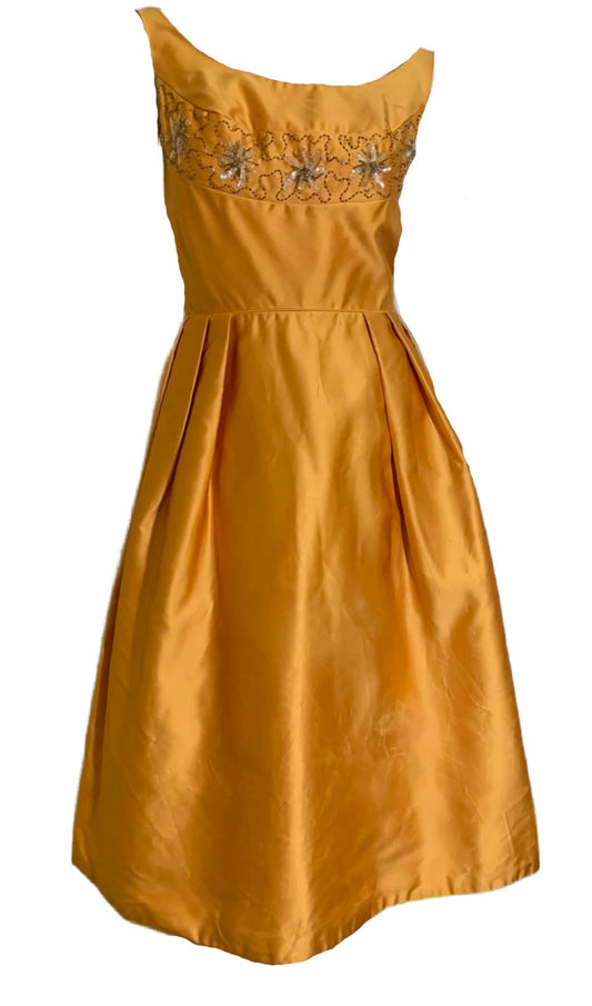 Golden Satin Cocktail Dress with Beading and Sequins circa 1960s