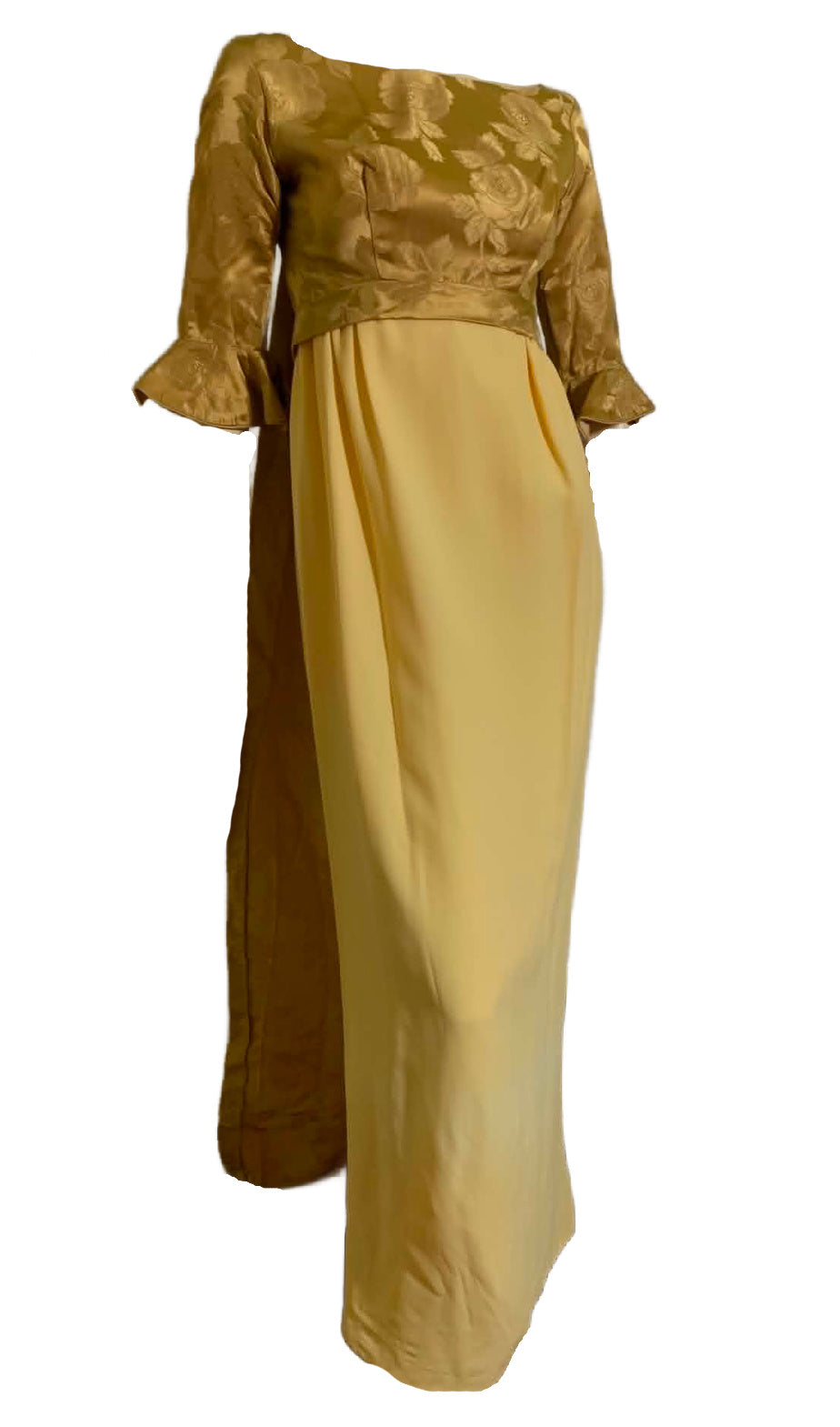 Goldenrod Long Dress Satin Bodice Watteau Train circa 1960s