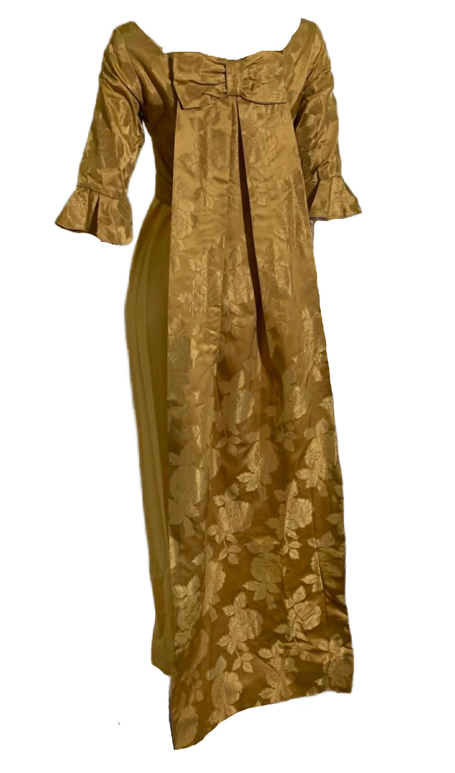 Goldenrod Long Dress Satin Bodice Watteau Train circa 1960s