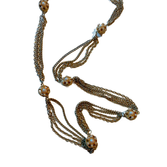 Long Gold Tone Quadruple Chain Necklace Faux Pearl Accents circa 1970s
