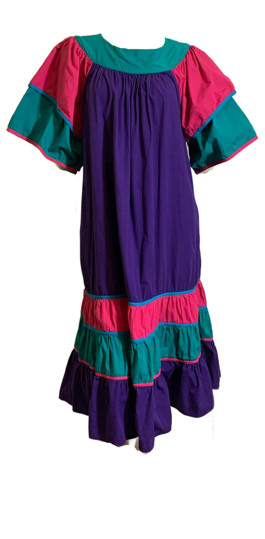 Color Blocked Rhumba Inspired Cotton Dress with Pockets circa 1980s