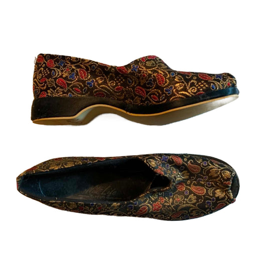 Black Low Heel Peeptoe Metallic Boudoir Slippers Shoes circa 1940s 6.5