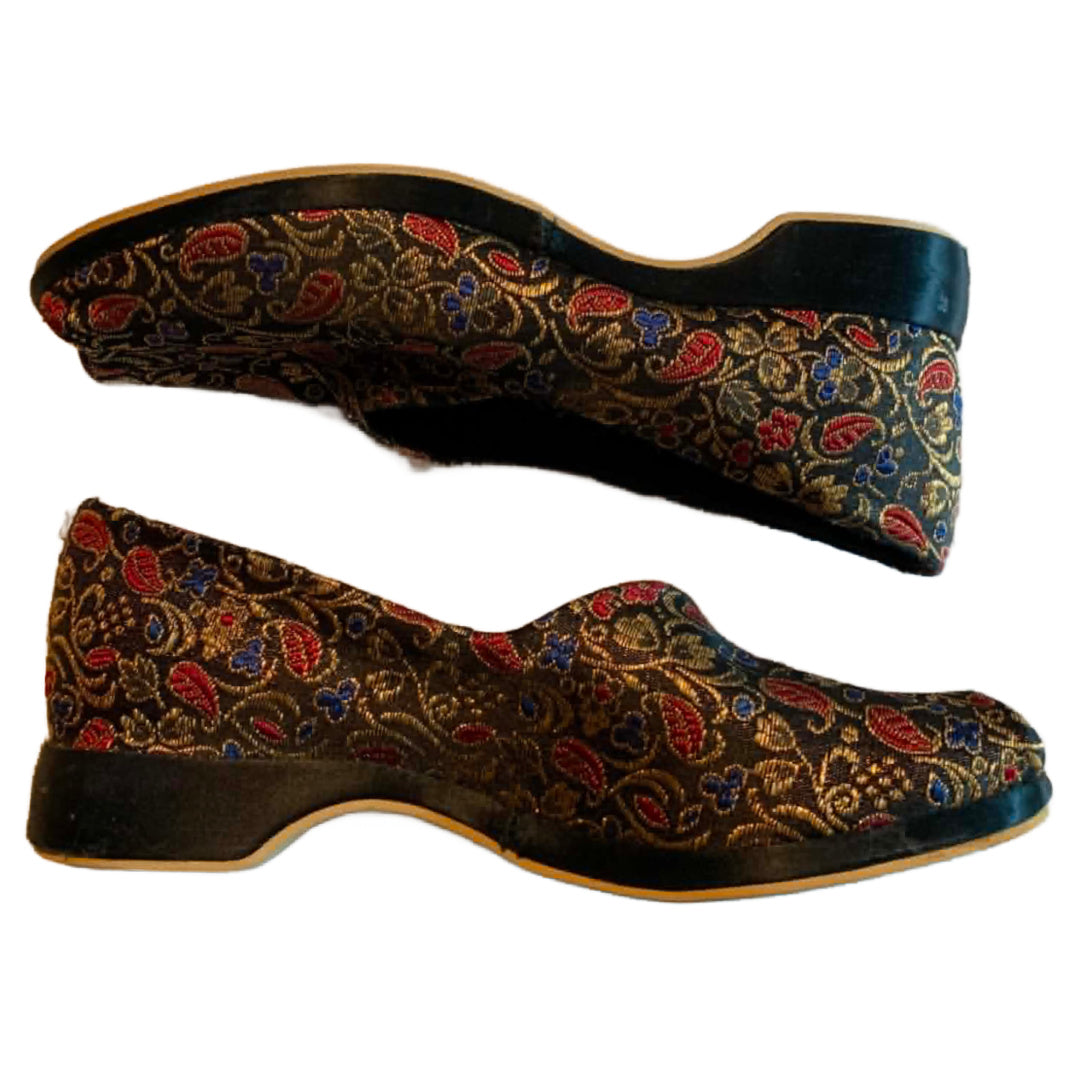 Black Low Heel Peeptoe Metallic Boudoir Slippers Shoes circa 1940s 6.5