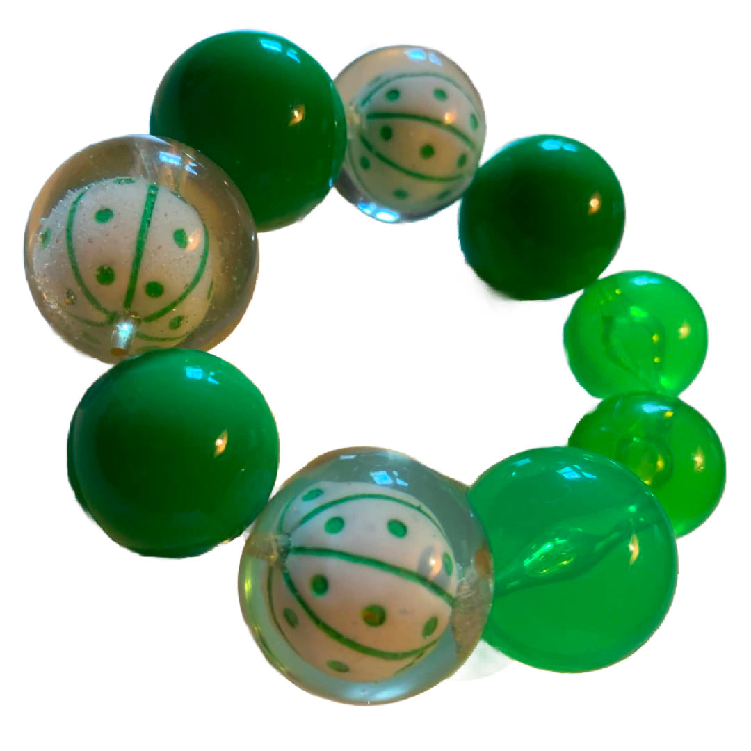 Funky Green and White Lucite Bead Stretch Bracelet circa 1970s