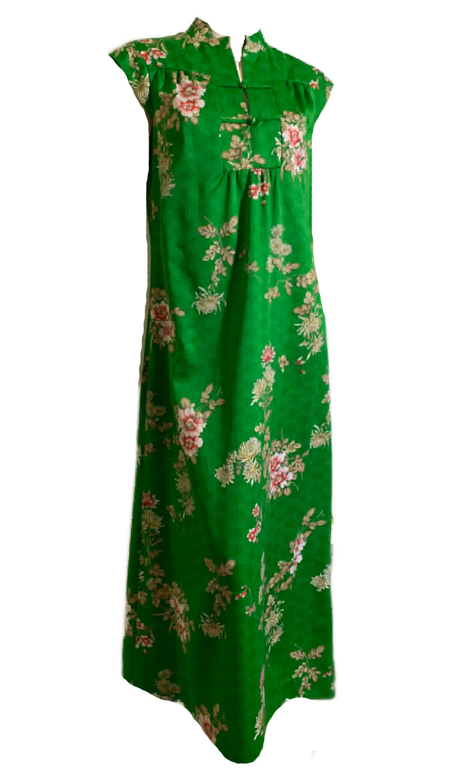 Dahlia Print Asian Inspired Green Sleeveless Maxi Dress circa 1970s