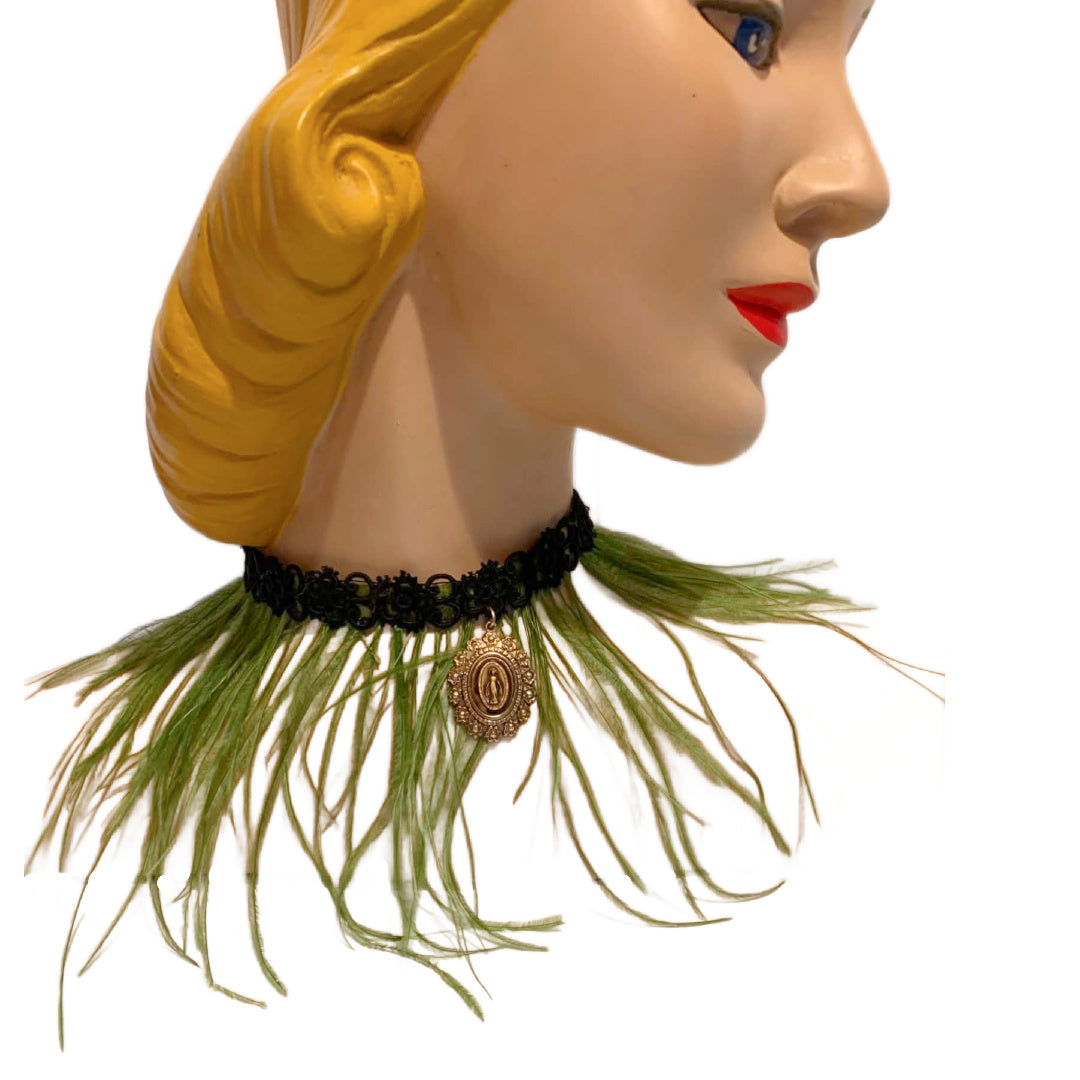 Madonna- the Reimagined Black Victorian Lace Choker Necklace Chartreuse Feathers and Madonna Pendant