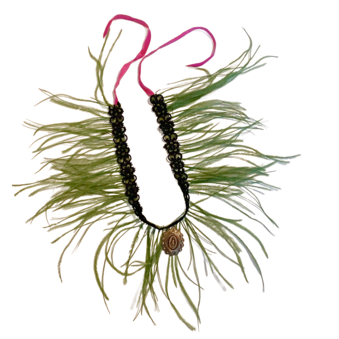 Madonna- the Reimagined Black Victorian Lace Choker Necklace Chartreuse Feathers and Madonna Pendant