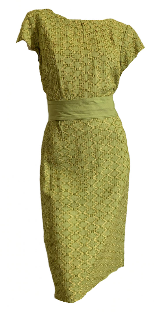 Pea Green Linen Weave Ribbon Embroidered 2 Pc Dress Set circa 1960s