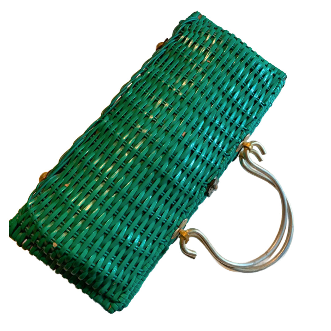 Fresh Green Painted Wicker Handbag Metal Handles Kiss Lock circa 1960s