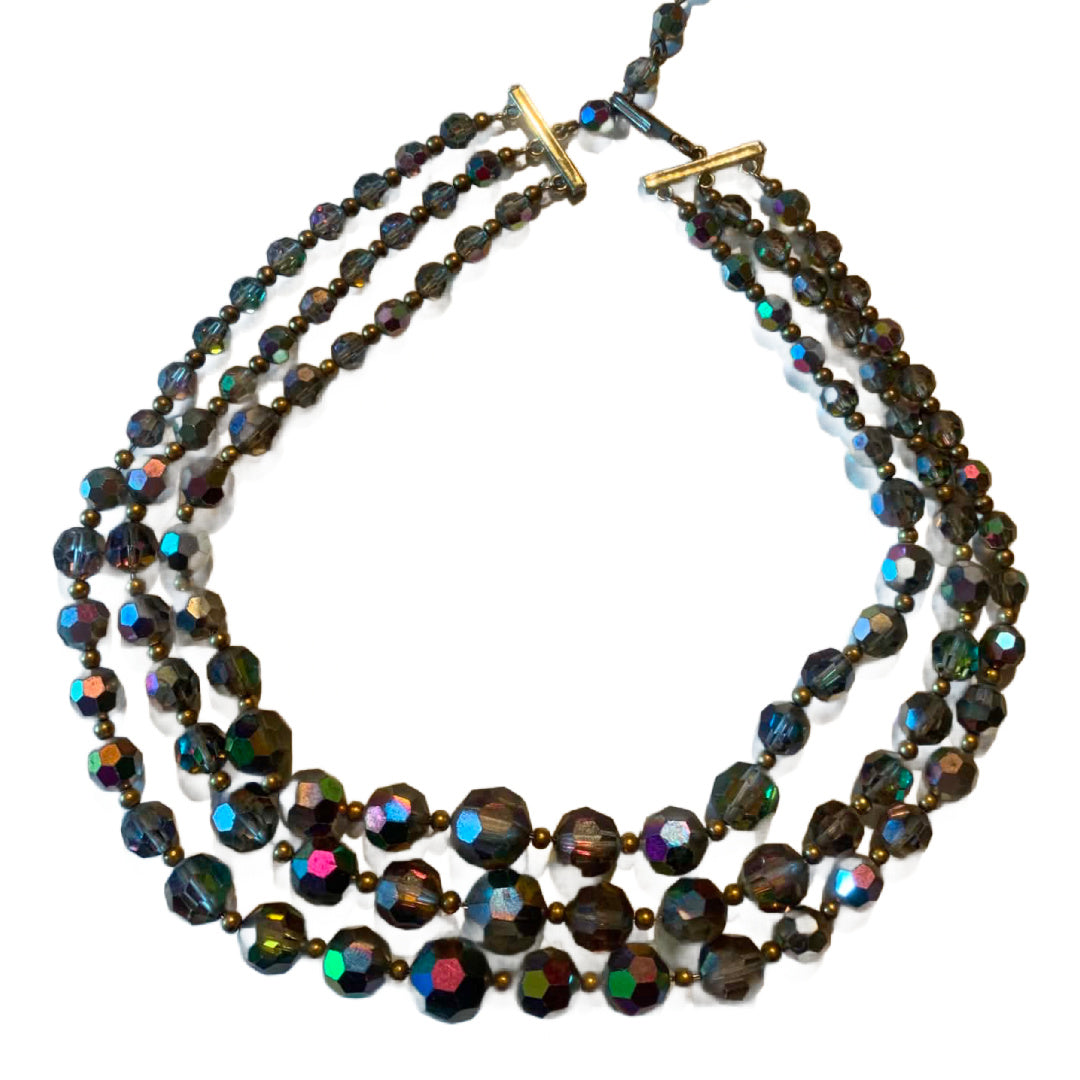 Triple Strand Darkened Night Sky Aurora Borealis Crystal Choker Necklace circa 1940s