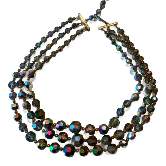 Triple Strand Darkened Night Sky Aurora Borealis Crystal Choker Necklace circa 1940s