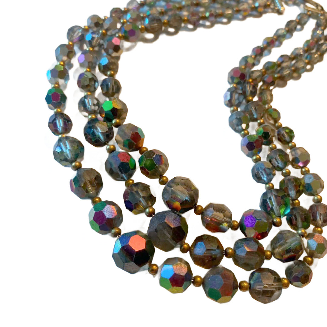 Triple Strand Darkened Night Sky Aurora Borealis Crystal Choker Necklace circa 1940s