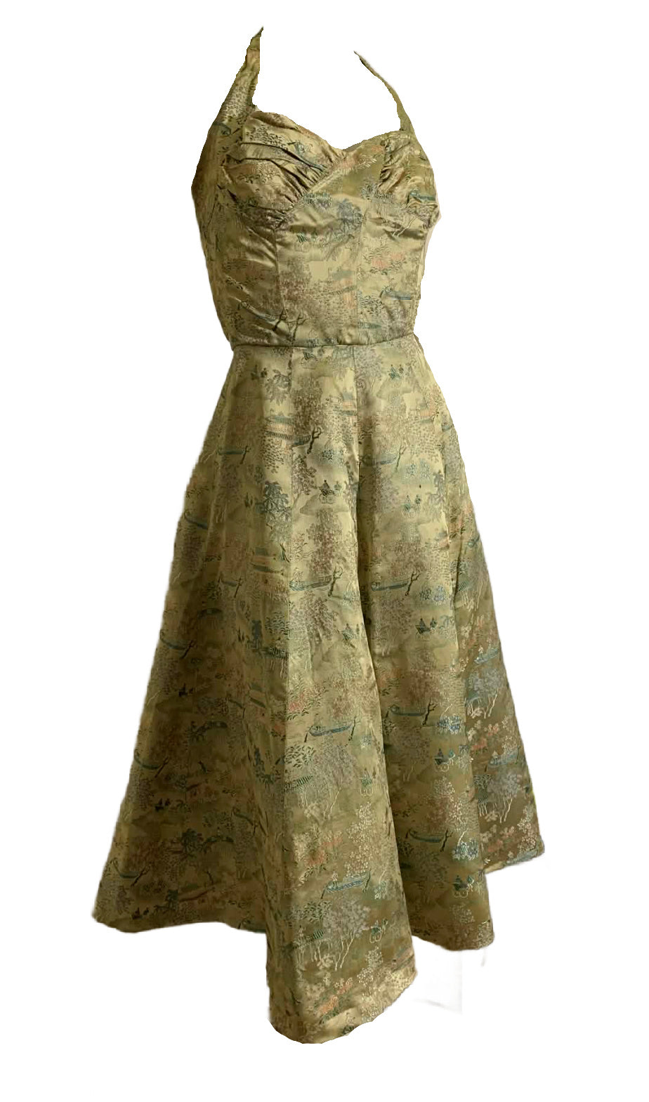 Chinese Embroidered Silk Halter Dress and Jacket with Hat and Brooch circa 1950s