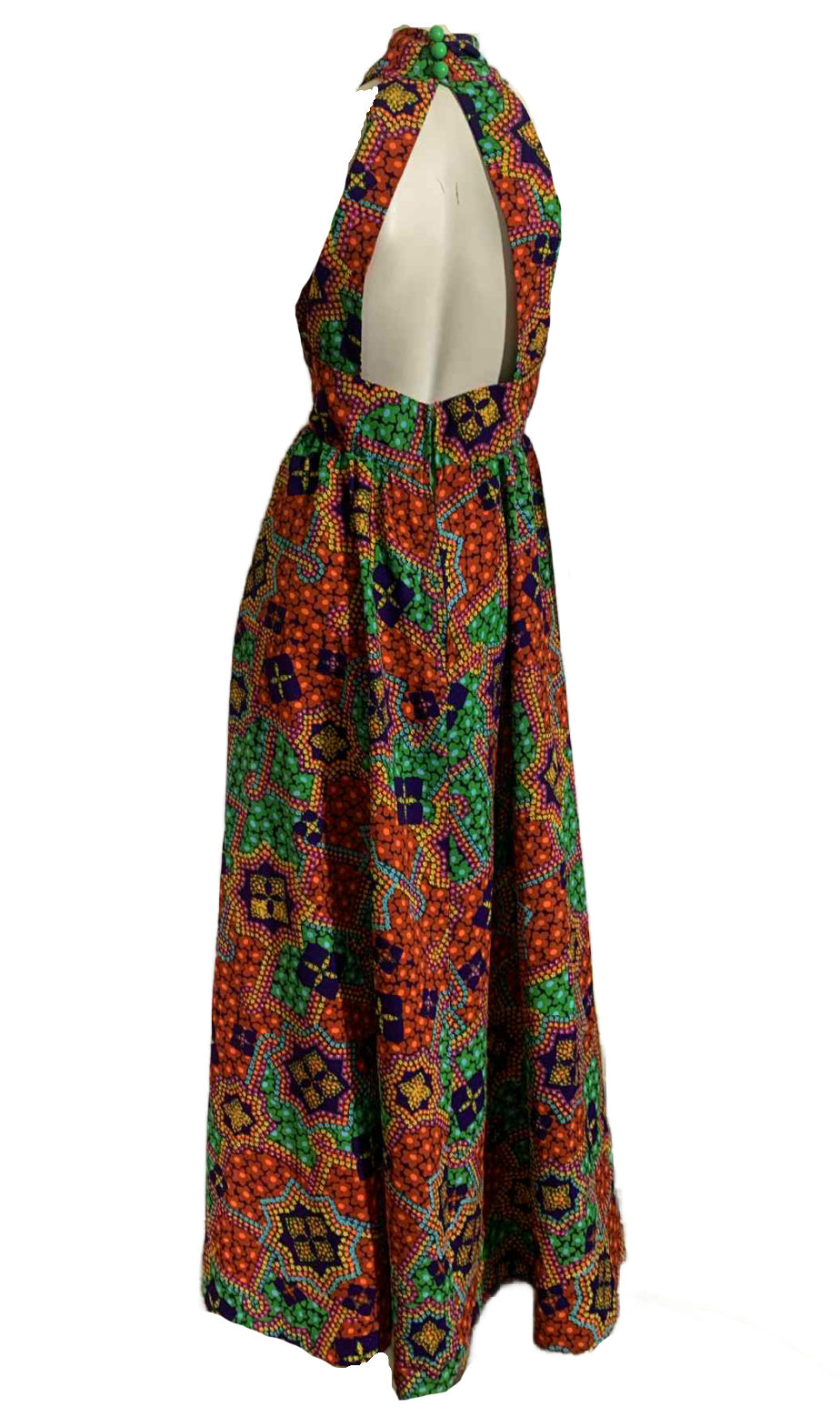 Twist Front Open Back Multicolored Maxi Dress circa 1970s