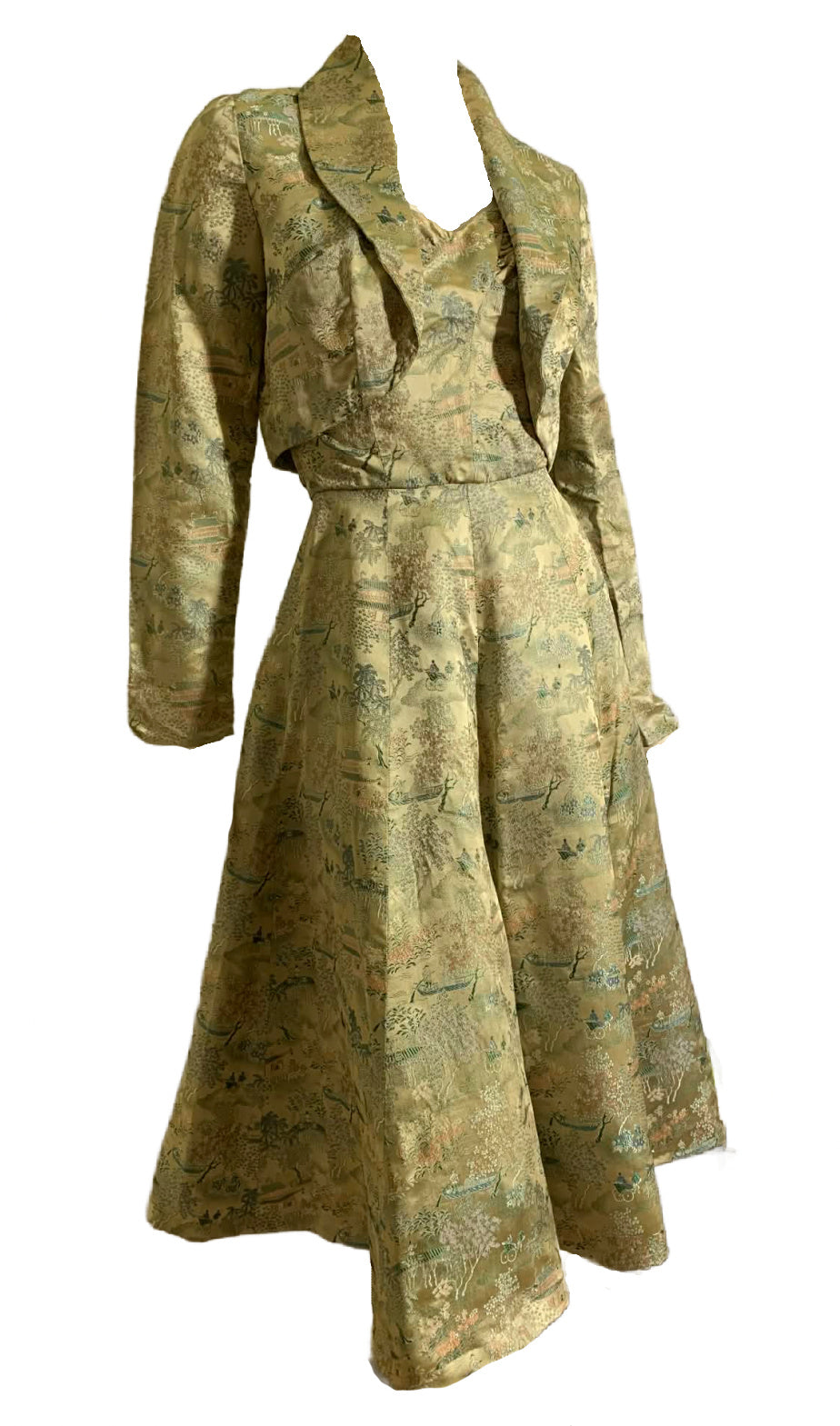 Chinese Embroidered Silk Halter Dress and Jacket with Hat and Brooch circa 1950s
