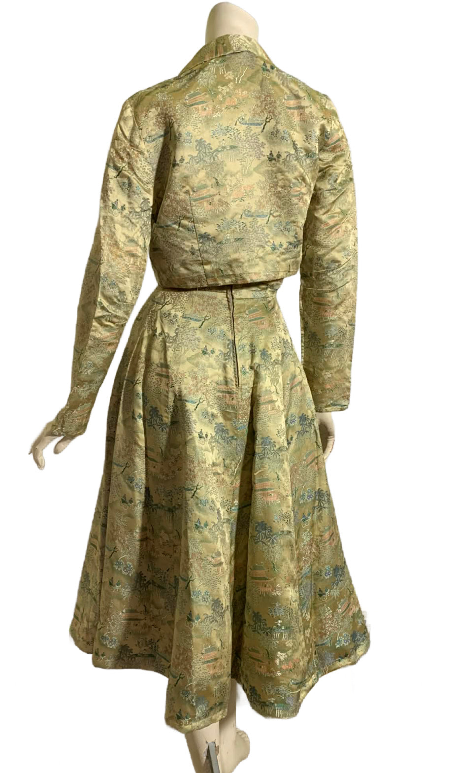 Chinese Embroidered Silk Halter Dress and Jacket with Hat and Brooch circa 1950s