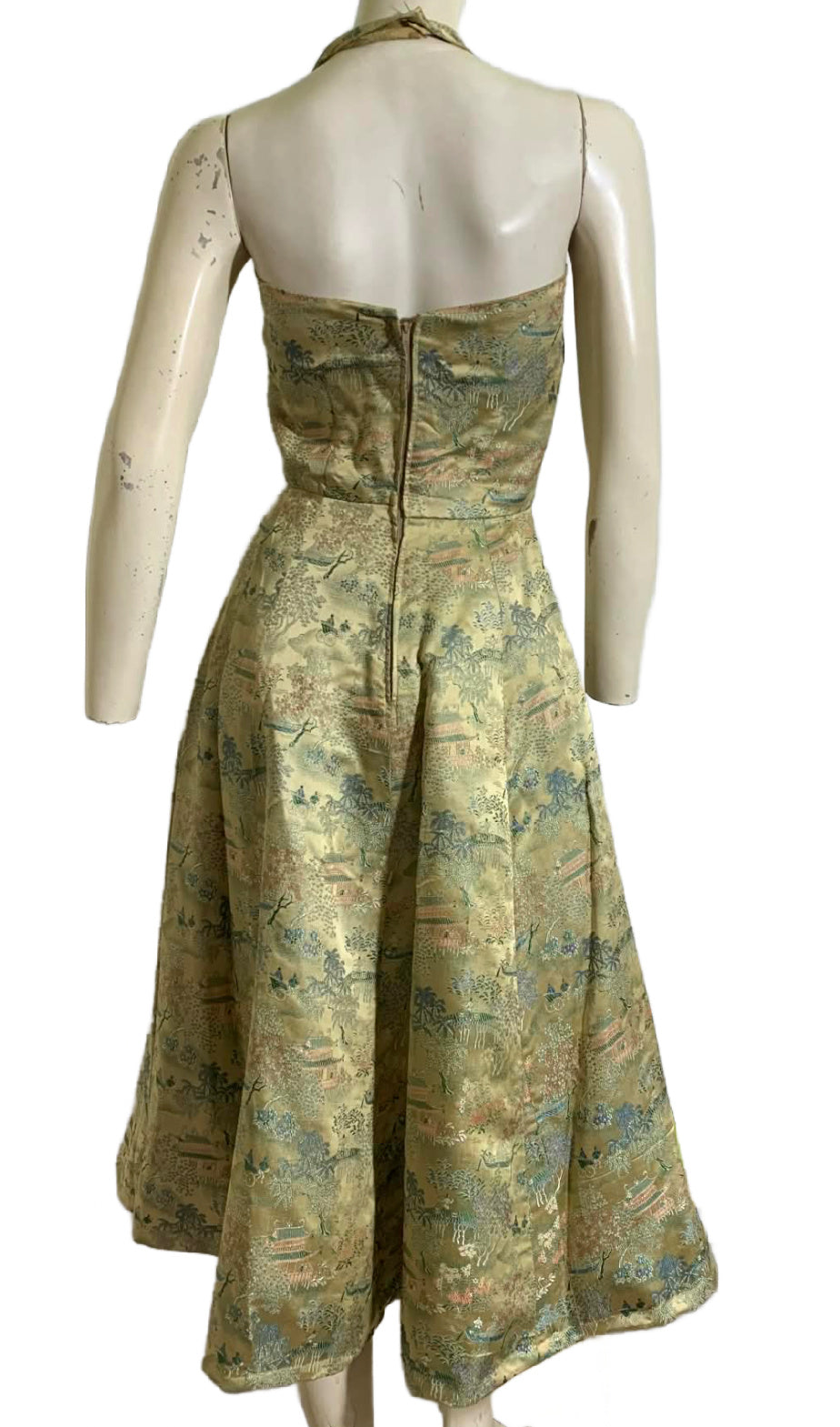 Chinese Embroidered Silk Halter Dress and Jacket with Hat and Brooch circa 1950s