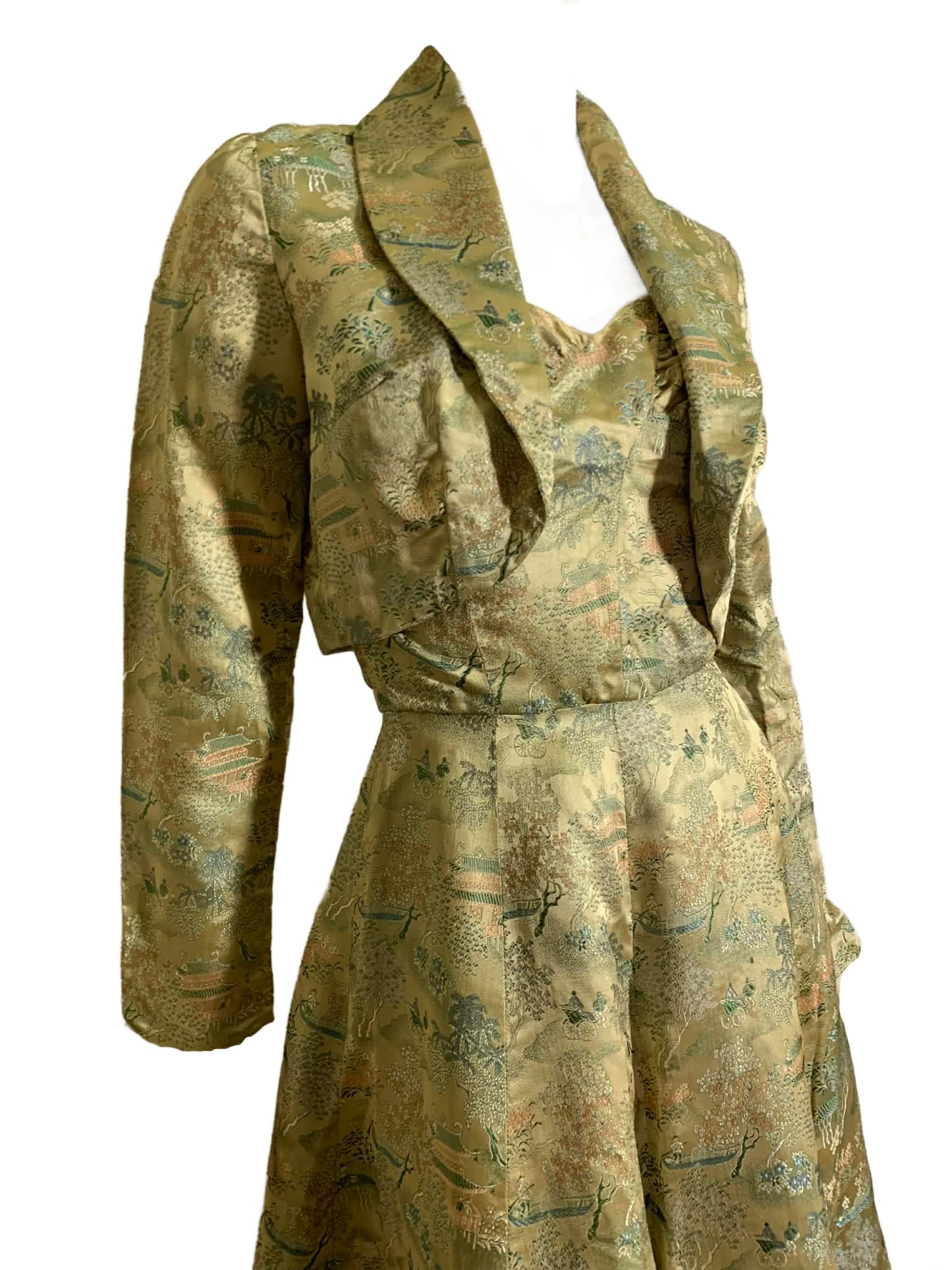 Chinese Embroidered Silk Halter Dress and Jacket with Hat and Brooch circa 1950s