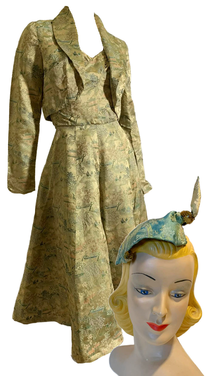 Chinese Embroidered Silk Halter Dress and Jacket with Hat and Brooch circa 1950s