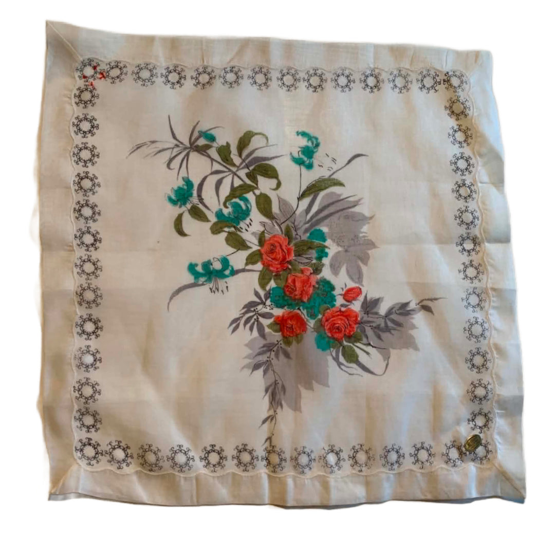 Hand Painted Lilies and Roses Floral Print Handkerchief circa 1950s