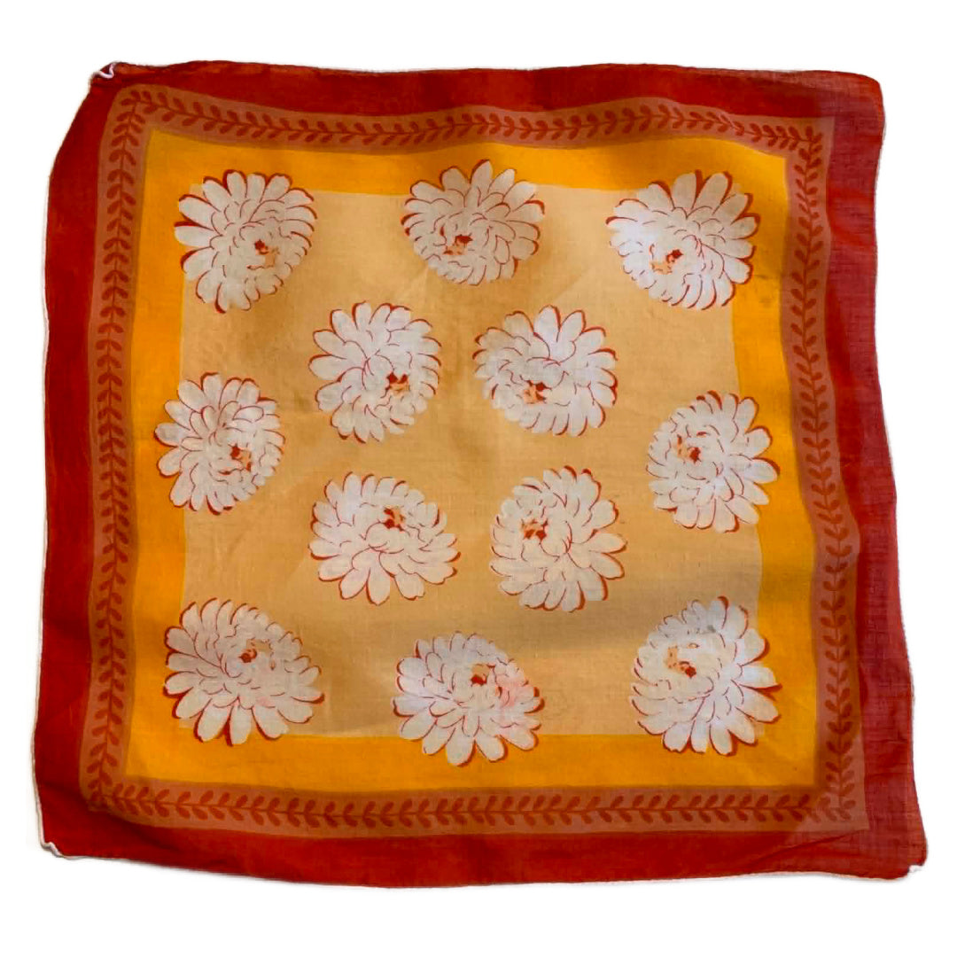 Orange and Yellow Mum Floral Print Handkerchief circa 1950s